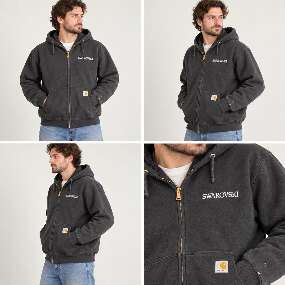 Carhartt Loose Fit Hoodie Mens Large Black Full Zip Swarovski Embroidered Logo